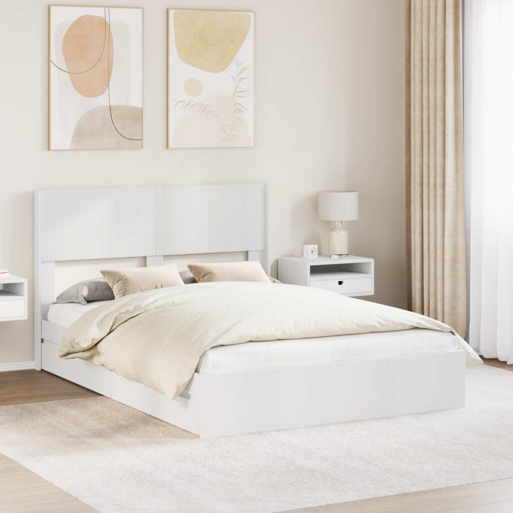 Sängynrunko säilytyksellä ja päänäytöllä valkoinen 160 x 200 cm