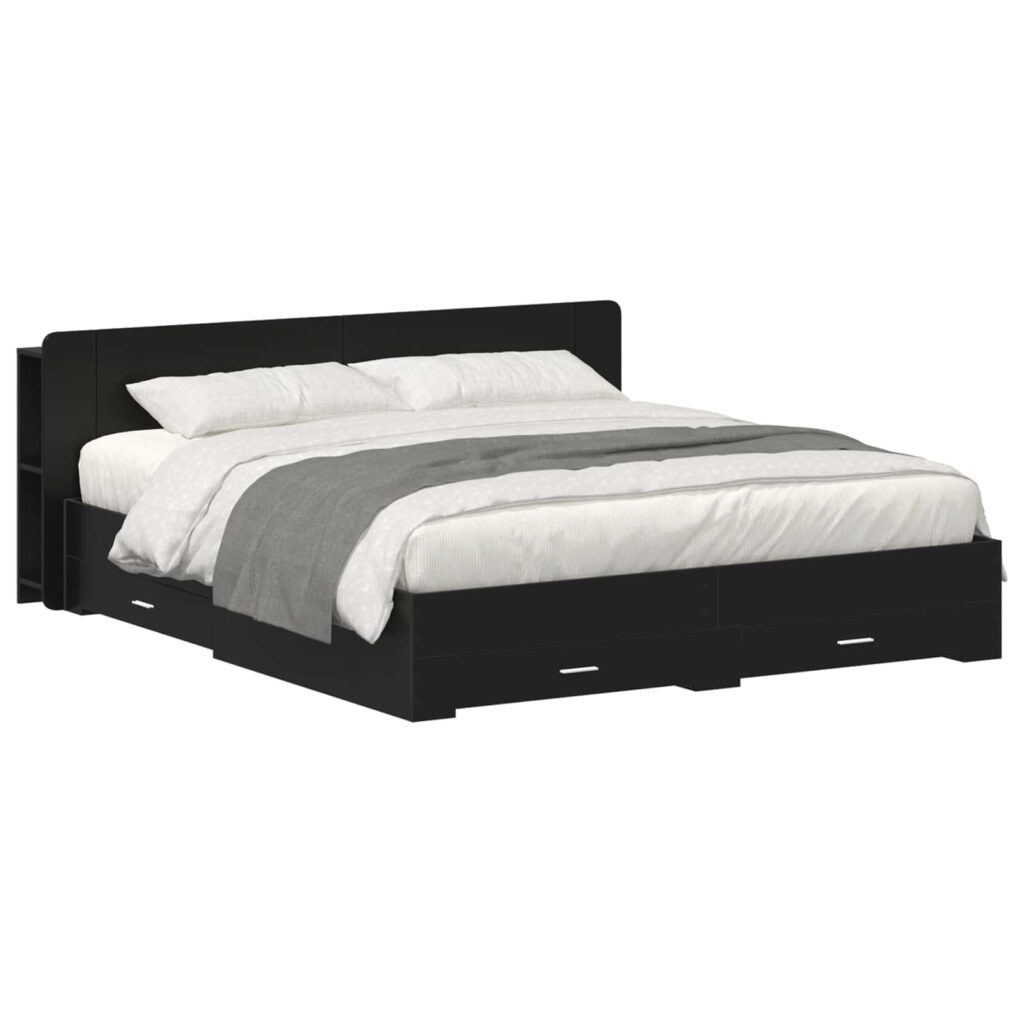Sängynrunko säilytyksellä ja päänäytöllä Musta