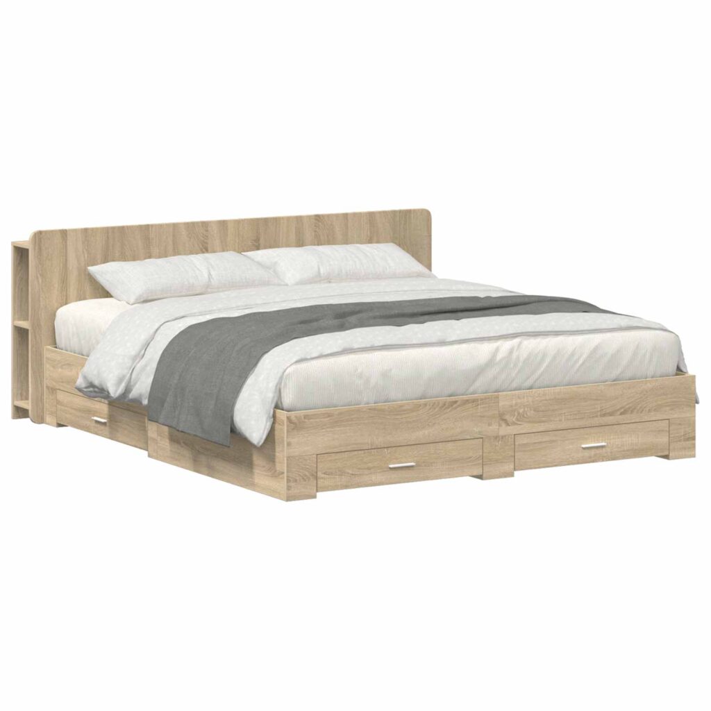 Sängynrunko säilytyksellä ja päänäytöllä Sonoma-tammi