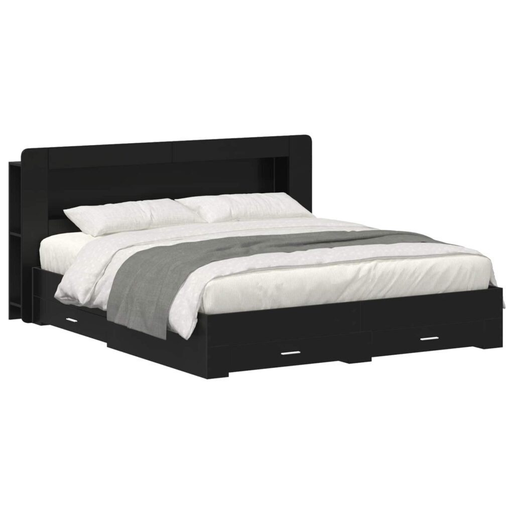 Sängynrunko säilytyksellä ja päänäytöllä Musta 200 x 200 cm