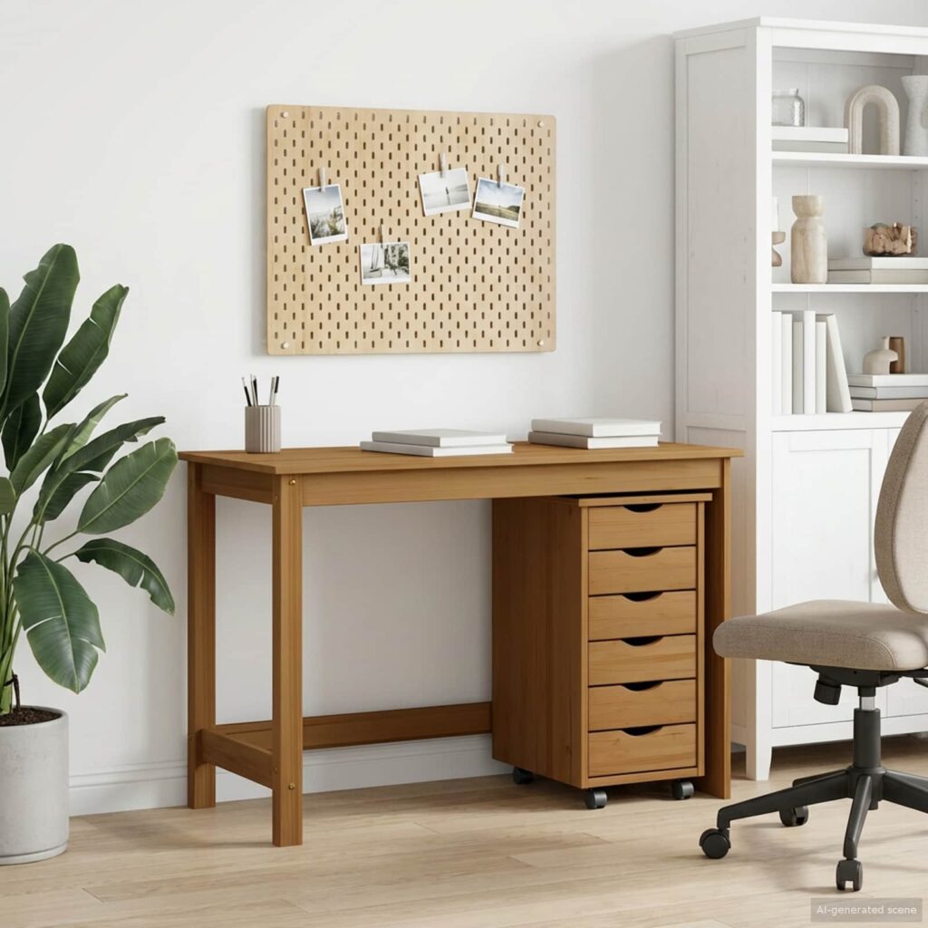 Työpöytä ja rullakaappi-setti pyörällä MOSS 2 pcs Hunaja Ruskea