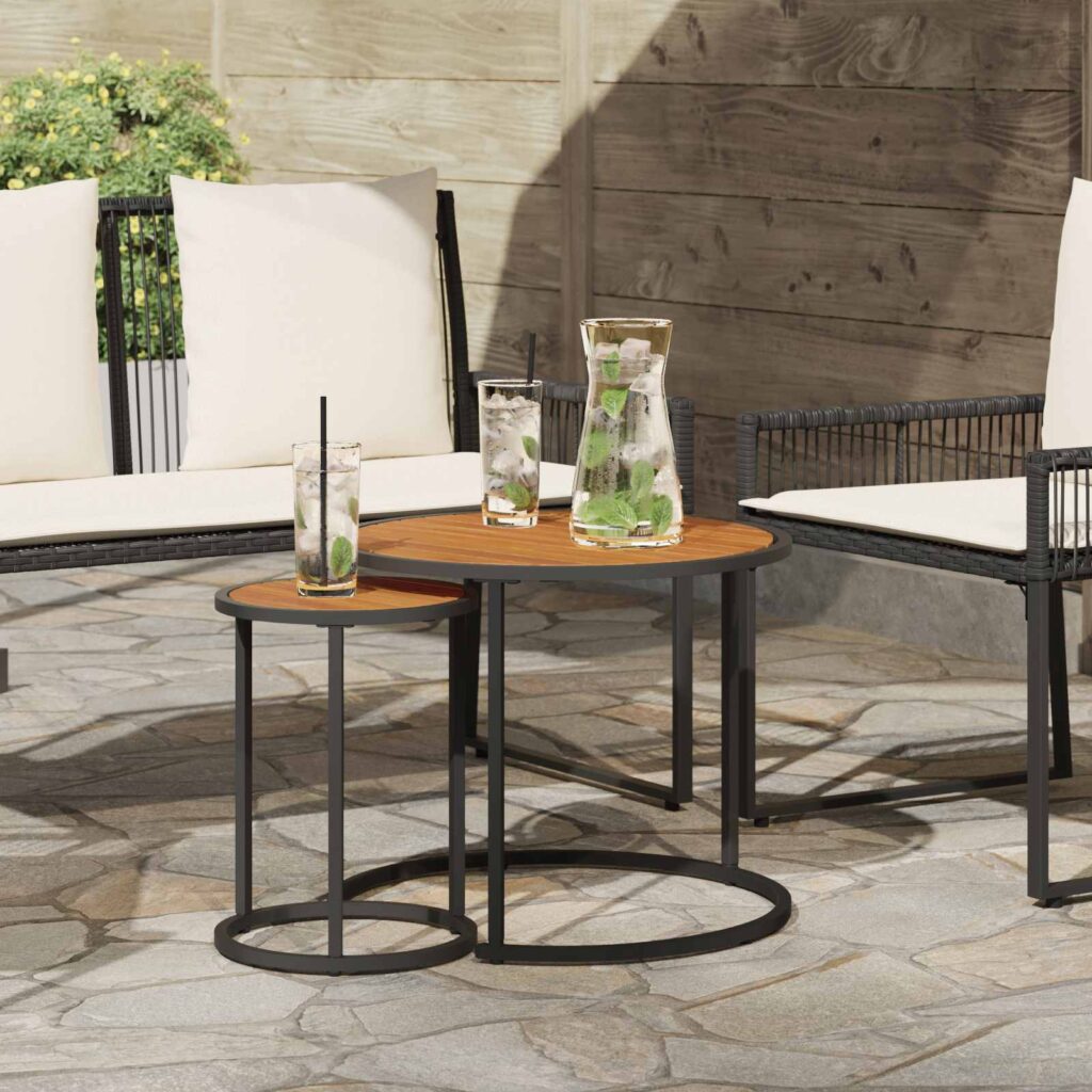 Kahvipöytäsetti 2 pcs Luonnollinen ja musta Tiheä akasiapuu