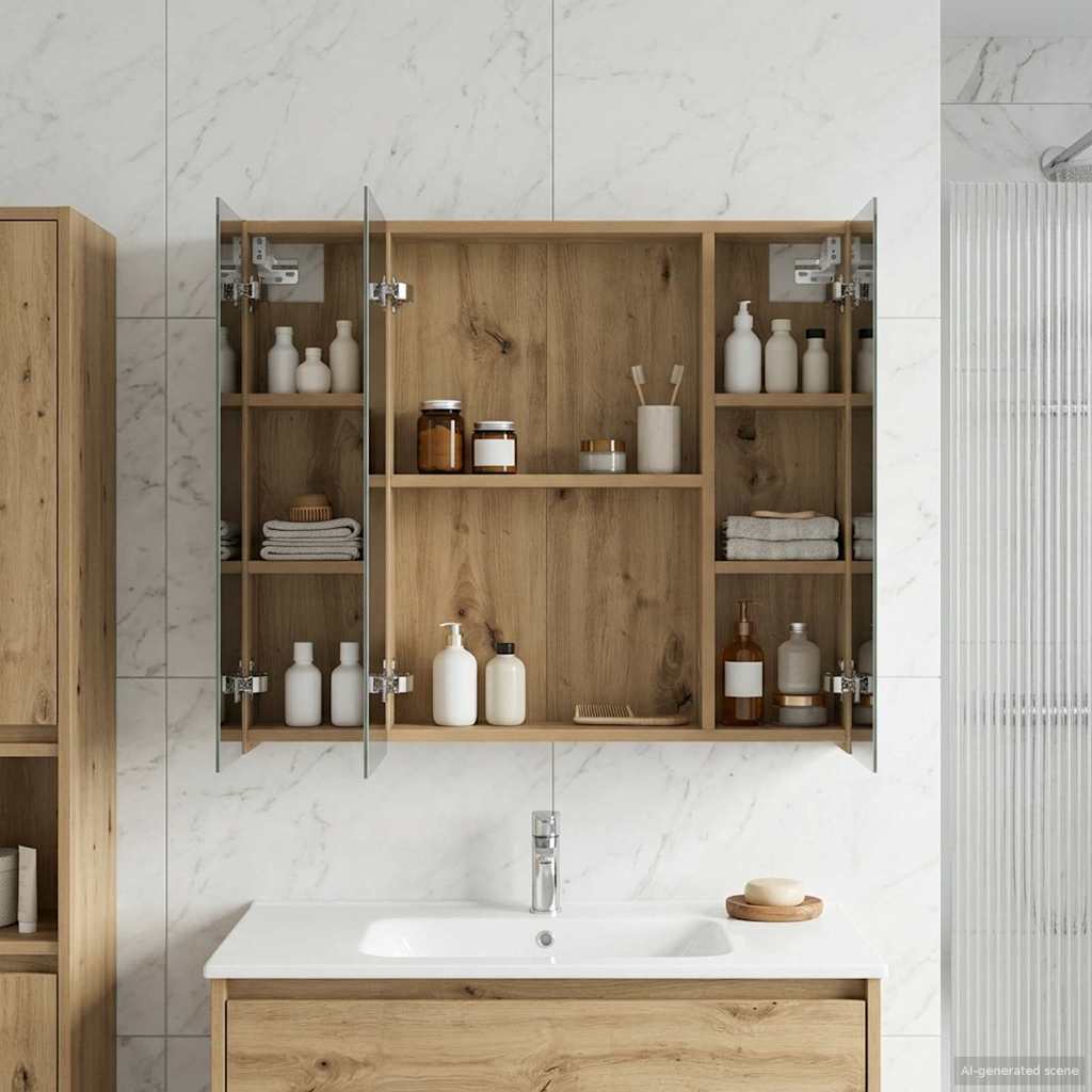 Kylpyhuoneen Peilikaappi hyllyllä Taidekoivu 80 x 14.5 x 70 cm