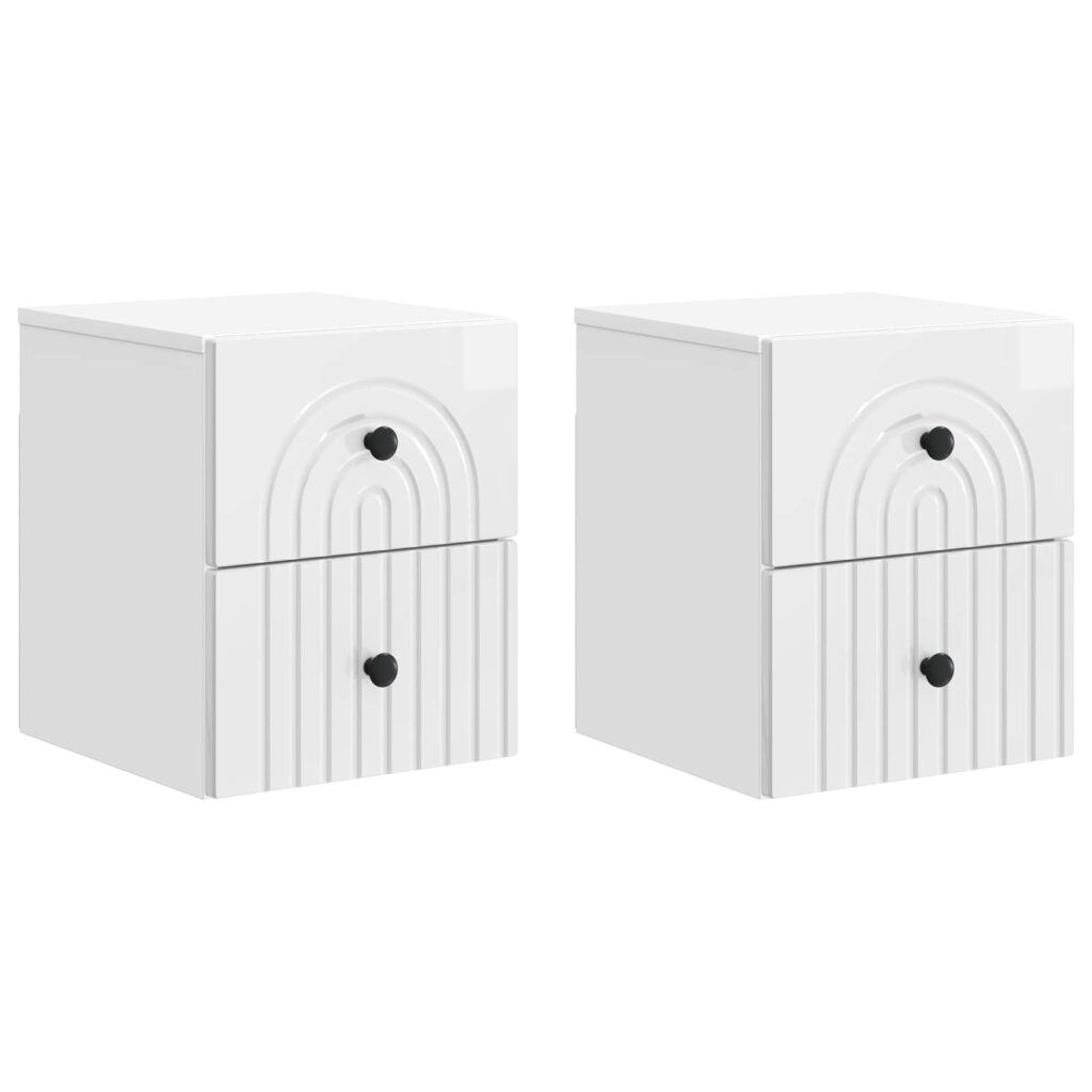 Seinälle Kiinnitettävä Yöpöytä 2 pcs Korkeakiiltoinen valkoinen