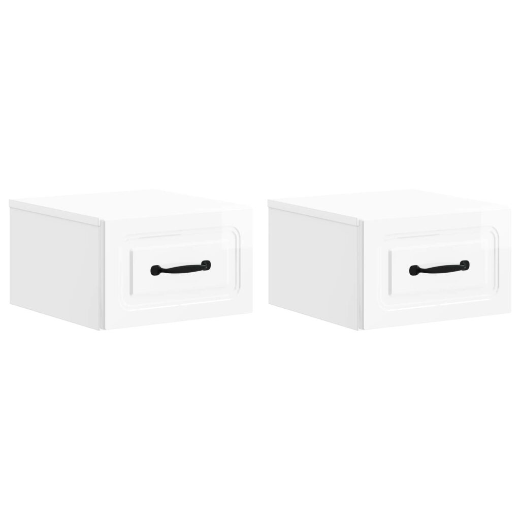 Seinälle Kiinnitettävä Yöpöytä 2 pcs Korkeakiiltoinen valkoinen
