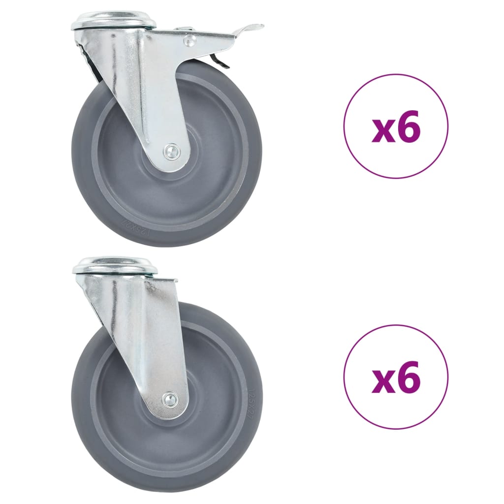 12 kpl pulttireikäisiä kääntyviä pyöriä 125 mm