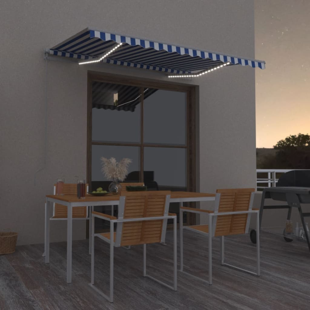 Manuaalisesti sisäänvedettävä markiisi LED-valoilla 350x250 cm sininen ja valkoinen