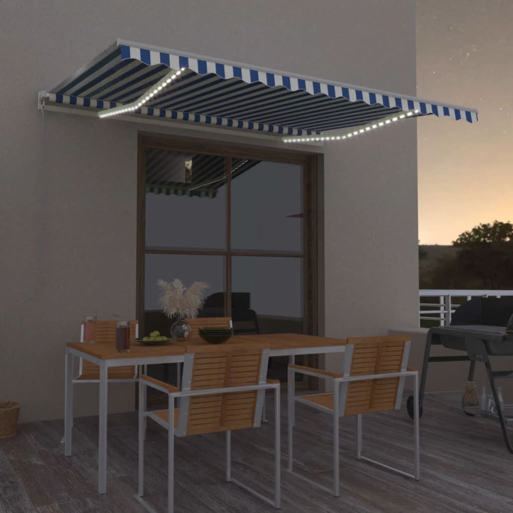 Manuaalisesti sisäänvedettävä markiisi LED-valoilla 450x300 cm sininen ja valkoinen