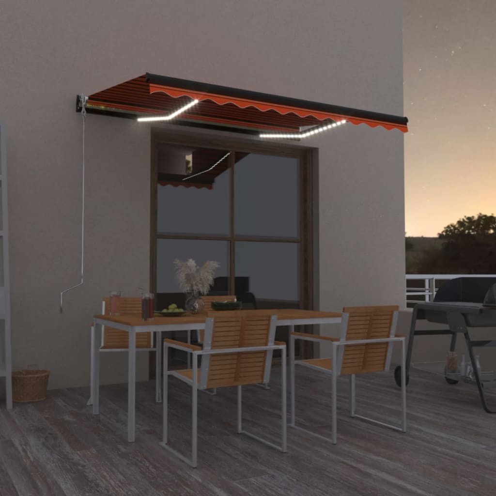 Manuaalisesti sisäänvedettävä markiisi LED-valoilla 400x300 cm oranssi ja ruskea