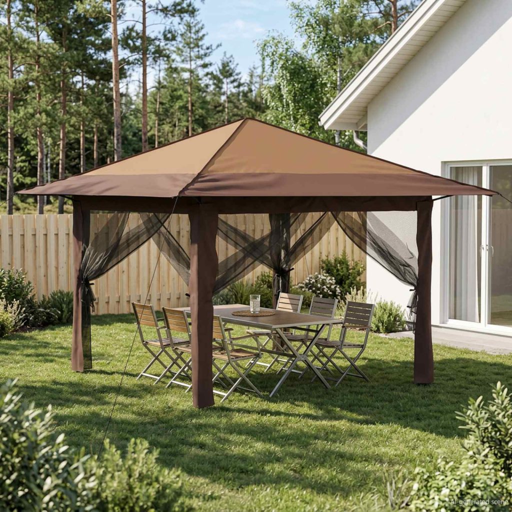 Gazebo 4 Sivuseinällä 3,3 x 3,3 m Beige ja Ruskea