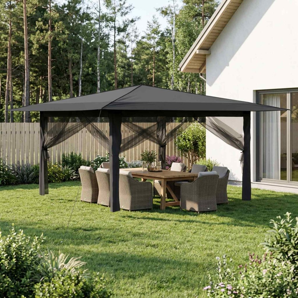 Gazebo, jossa on 4 seinää 4 x 4 m Vaaleanharmaa ja antrasiitti