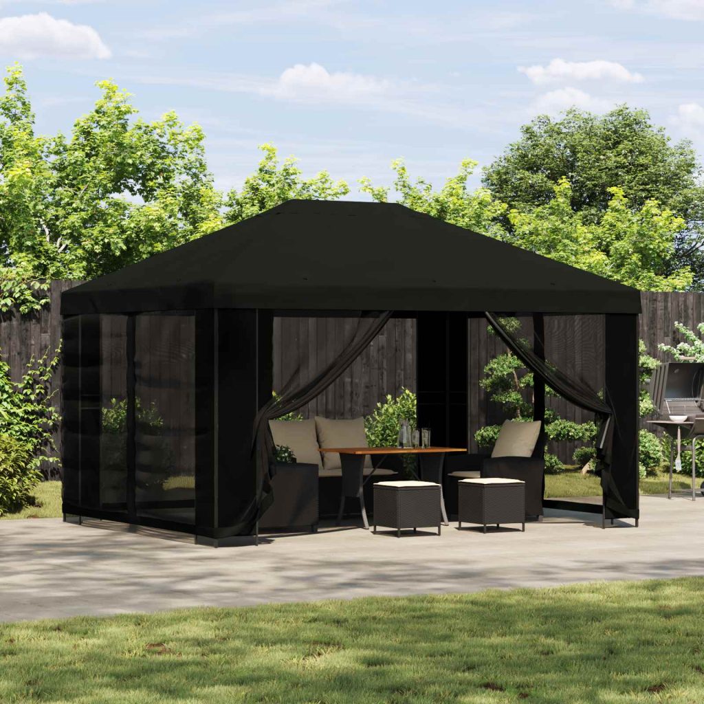 Paviljonki sivuseinillä 4 × 3 m Musta Polyesteri ja teräs