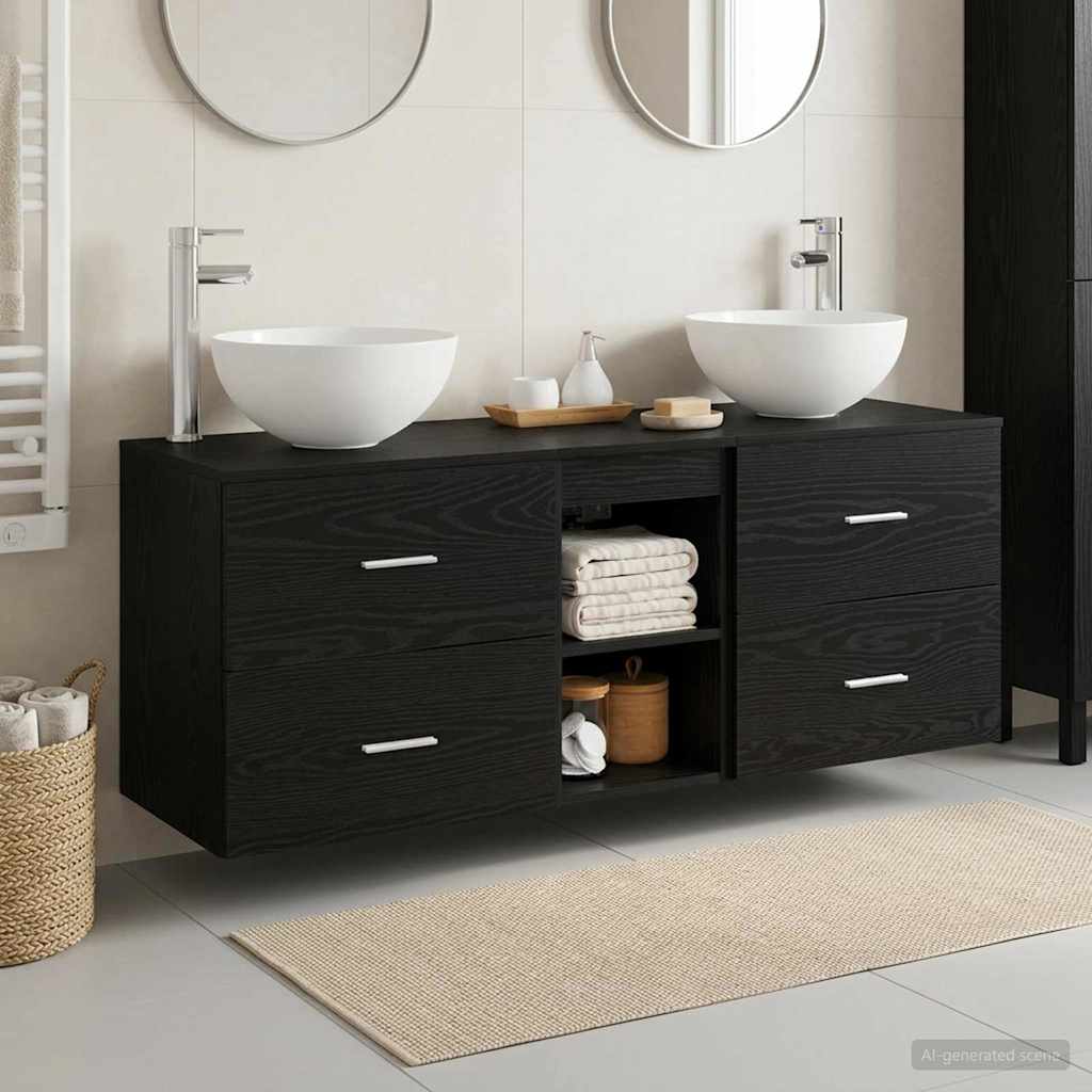 Kylpyhuoneen kaappisetti 3 kpl Musta tammi 129 x 35 x 80 cm
