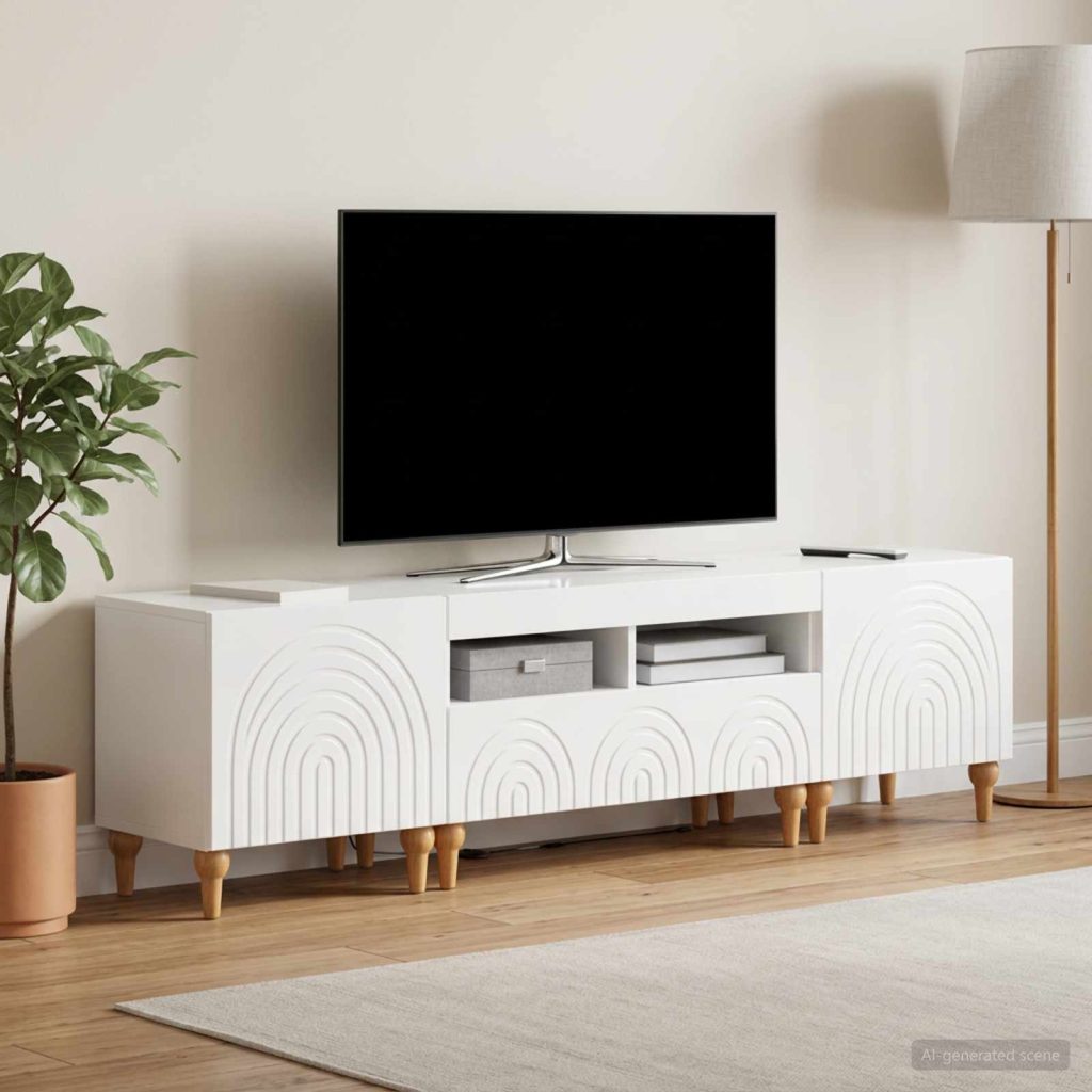 3-osainen LED-TV-kaappi Korkeakiiltoinen valkoinen Tekninen puu