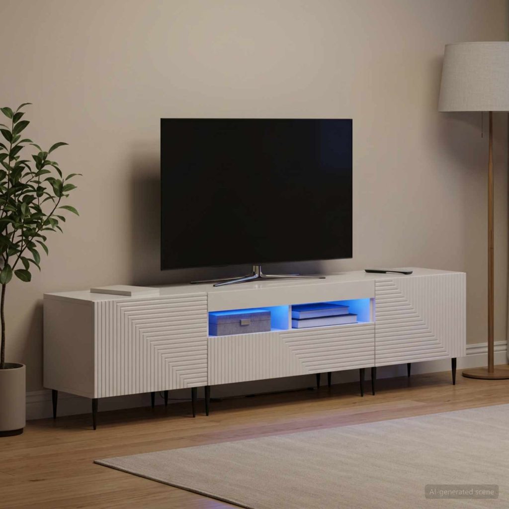 3-osainen LED-TV-kaappi Korkeakiiltoinen valkoinen Tekninen puu