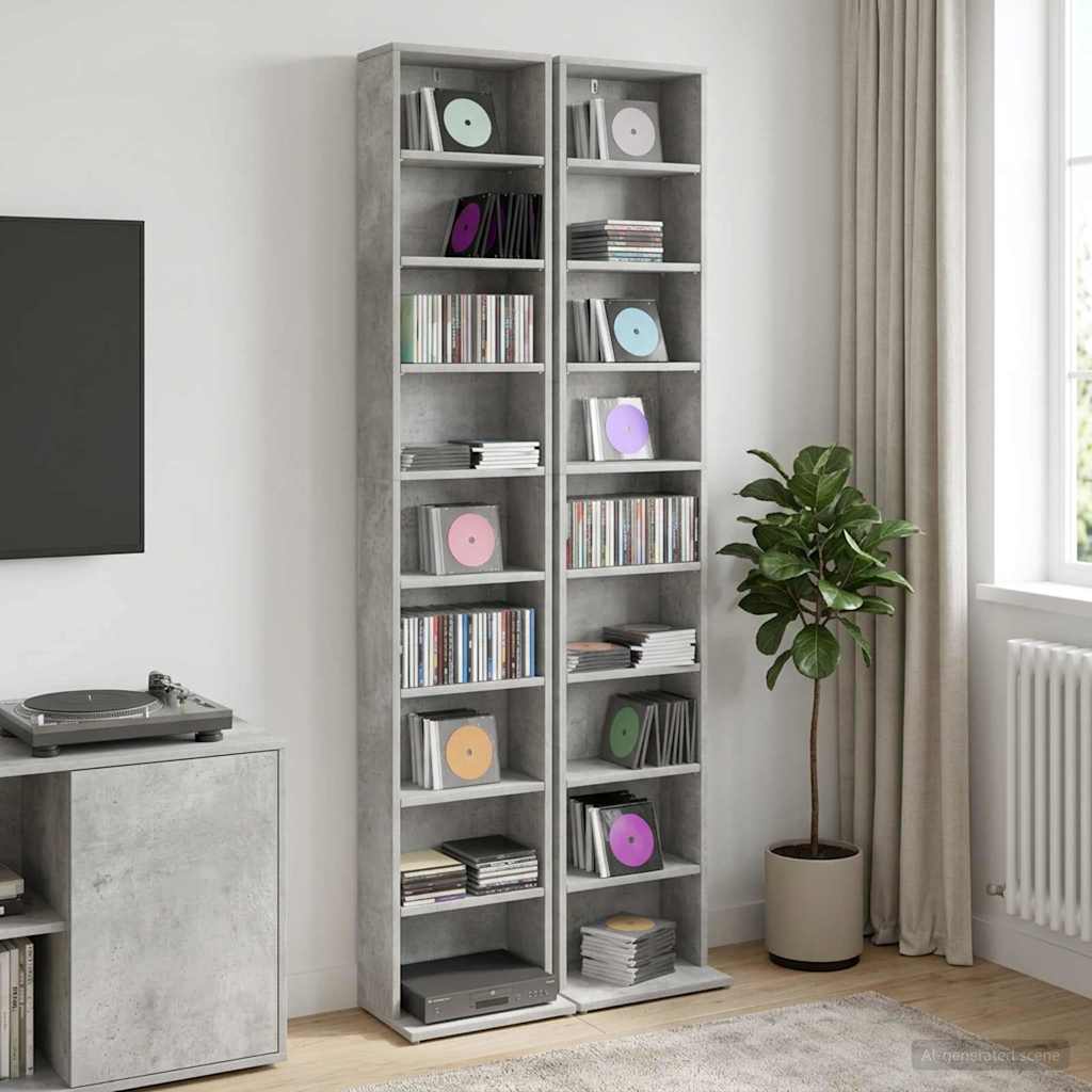 CD-kaappi 2 kpl Betoninharmaa 33 x 23,5 x 175 cm Tekninen puu