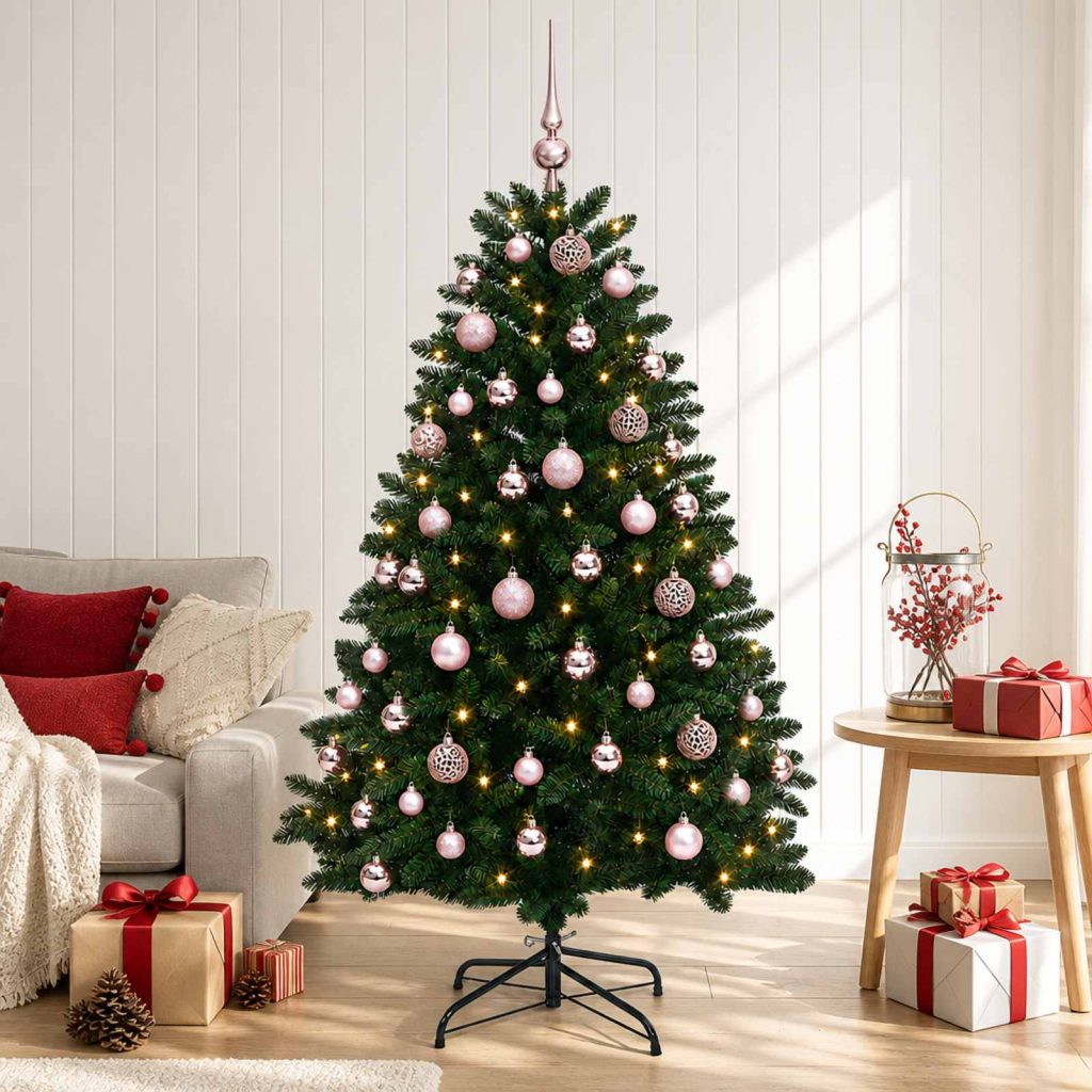 Tekokuusi keskivihreä joulupalloilla 120 cm 150 LEDiä