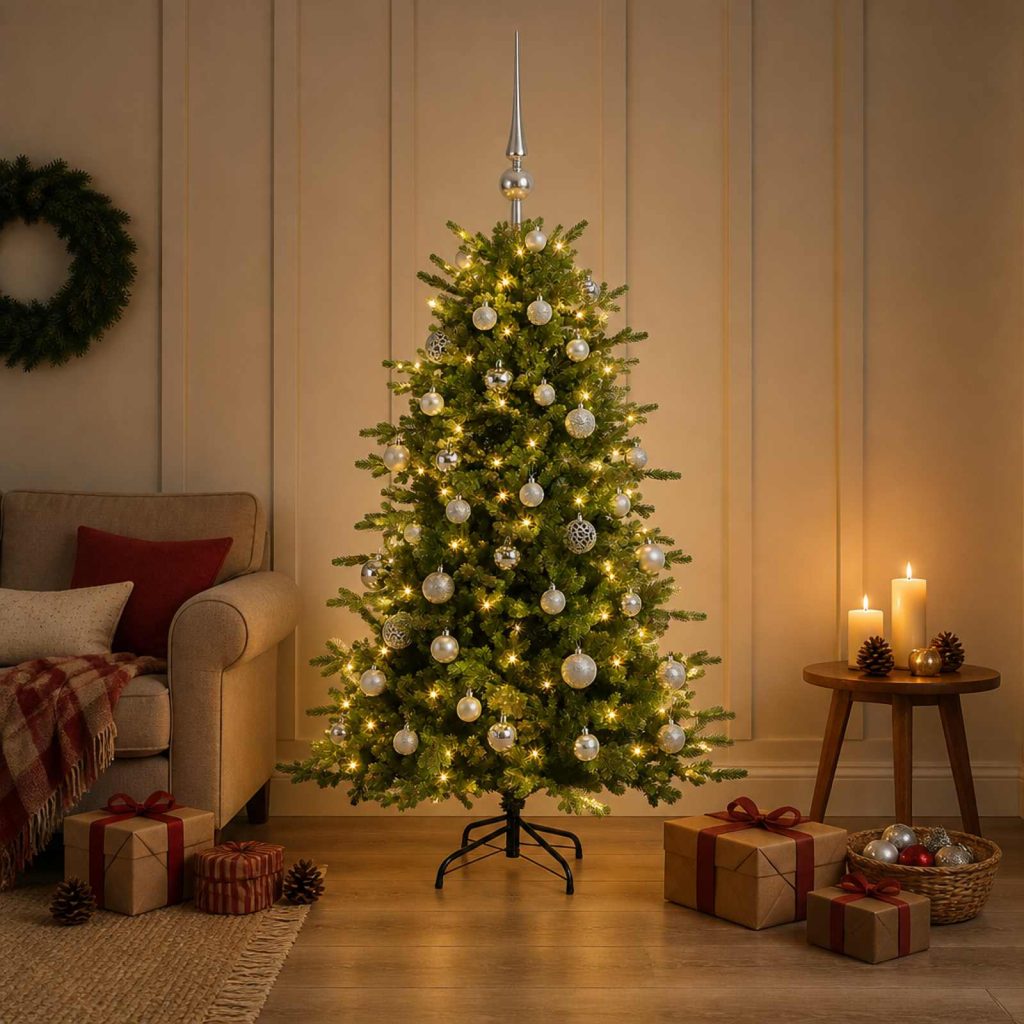 Tekokuusi joulupalloilla 120 cm 150 LEDiä Lämpimän Valkoinen