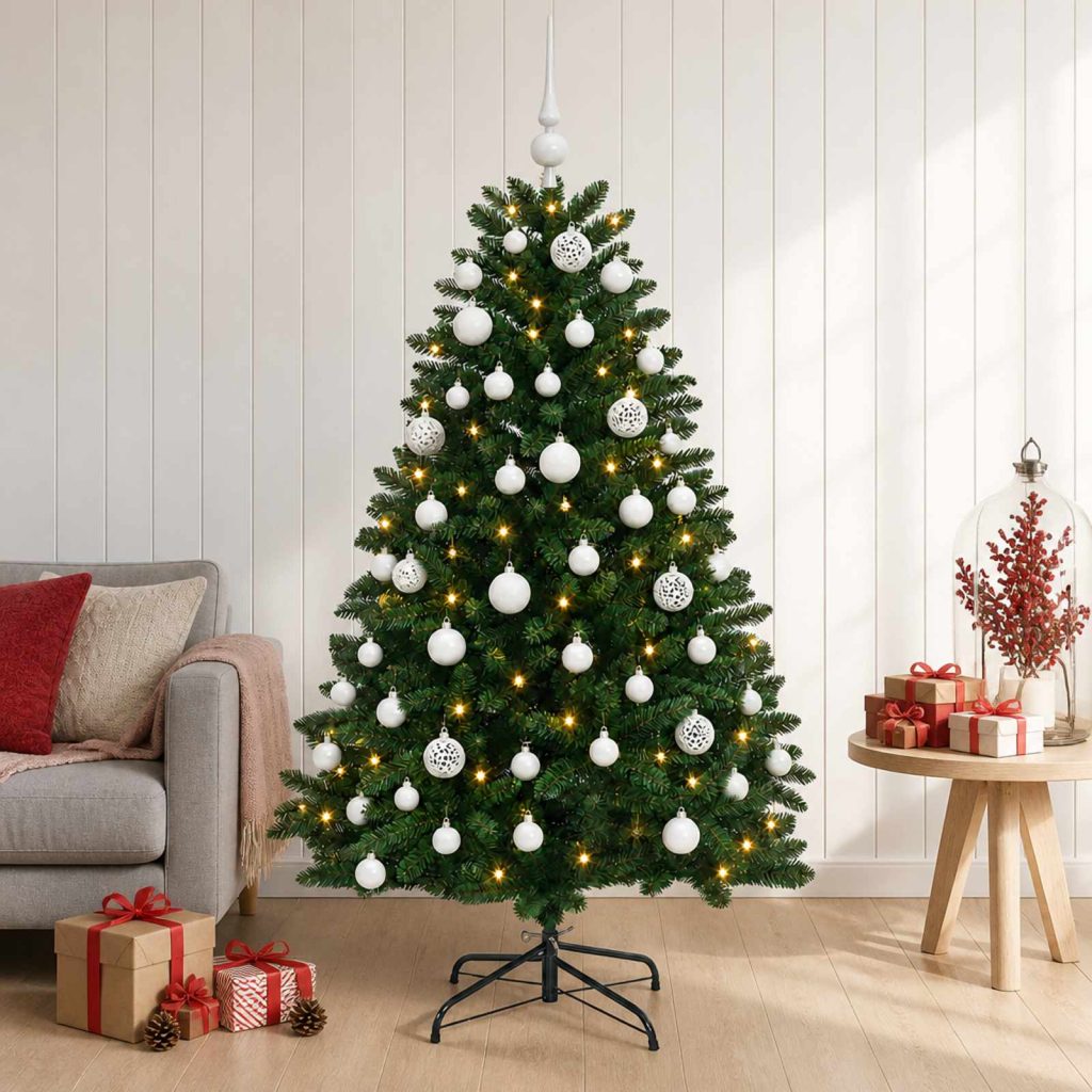 Tekokuusi keskivihreä joulupalloilla 120 cm 150 LEDiä