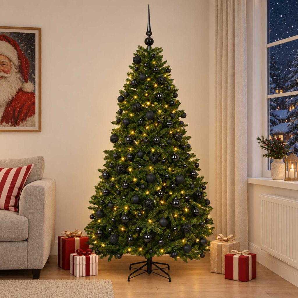 Tekokuusi keskivihreä joulupalloilla 210 cm 300 LEDiä