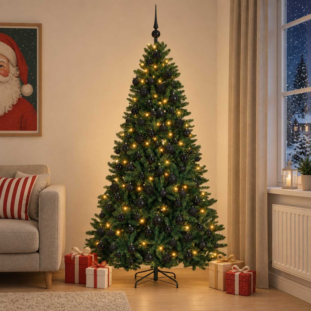 Tekokuusi tummanvihreä koristepalloilla 240 cm 300 LEDiä