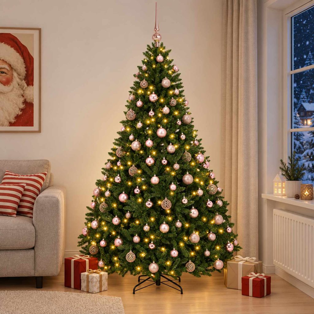 Tekokuusi keskivihreä joulupalloilla 210 cm 300 LEDiä
