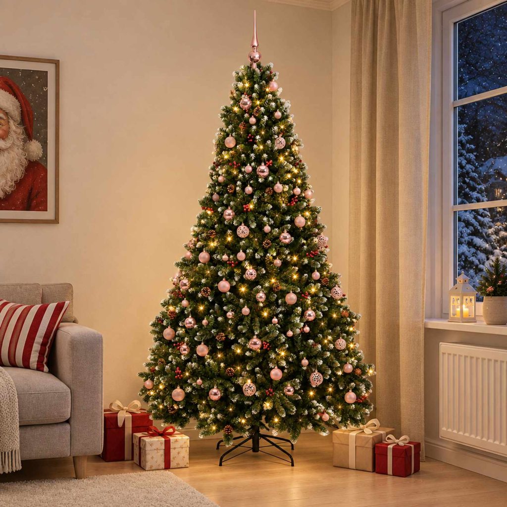 Tekokuusi, vihreä, joulupalloilla 240 cm 300 LEDiä