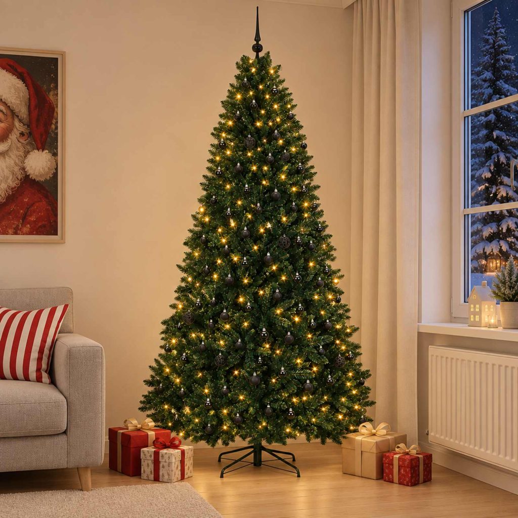 Tummanvihreä tekojoulukuusi ja joulupalloja 300 cm 600 LEDiä