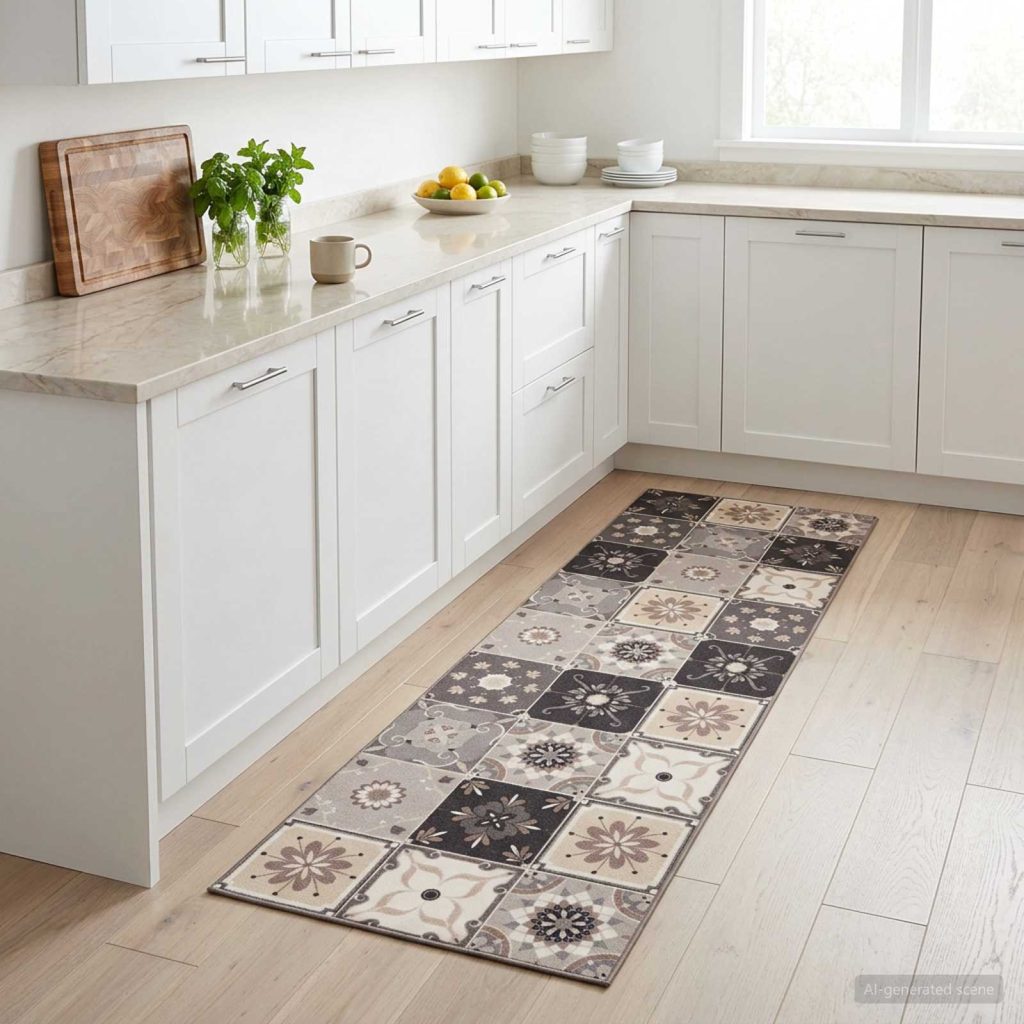 Keittiömatto Harmaa-beige mosaiikki 300 x 60 cm 100% polyamidi